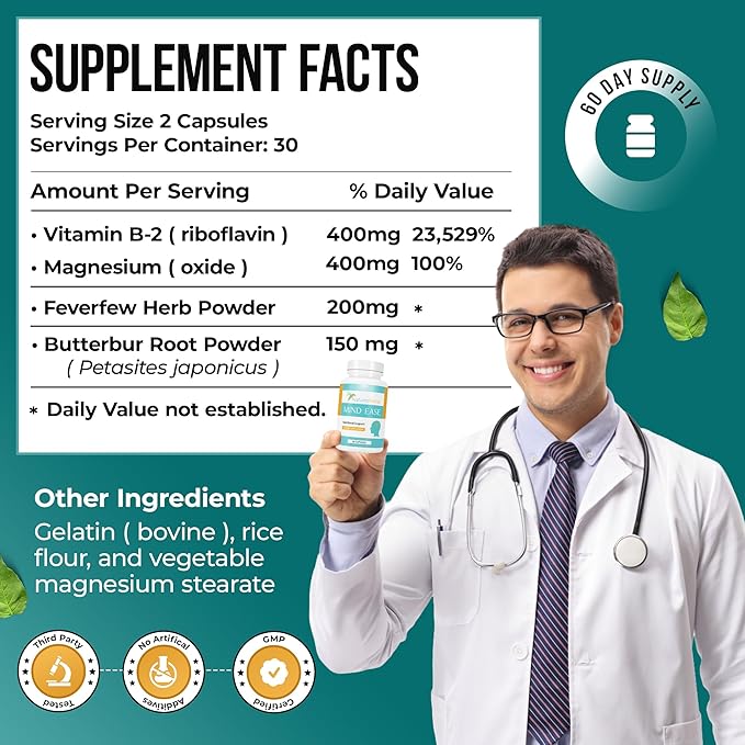 Nature's Nectar Migraine Prevention Feverfew Capsules – PA Free Butterbur Root, Riboflavin 400 mg, Magnesium & Feverfew – Natural Migraine Supplement – 60 Capsules