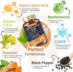 Alpha Lipoic Acid 600mg with Benfotiamine 300mg - ALA Supplement for Antioxidant, Nerve Health, Energy & Metabolism Support, Cell Energy, Neuropathy Supplement, Anti-Aging, Non-GMO, Gluten Free, Vegan