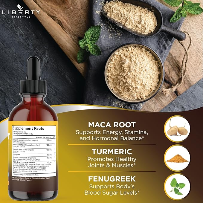 Organic Maca Root Liquid Drops with Ashwagandha, Nettle, Fenugreek, Beet Root and L-Arginine Liquid Multivitamin for Women and Men - 8oz