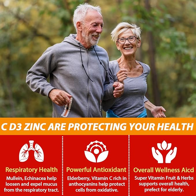 Sugar Free Vitamin C + D3 + Zinc Gummies for Adults 50 +, 9 in 1 Immune Defense Supplement with D3 5000IU, Elderberry, Echinacea, Mullein Leaf for Boost Immunity, Power Antioxidant, Vegan (Pack of 1)