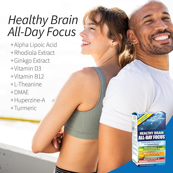Applied Nutrition Healthy Brain All-Day Focus - 50 Tablets - Powerful 3-in-1 Brain Booster with Turmeric Extract - 25 Servings