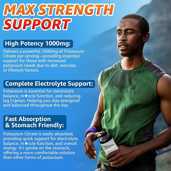 Potassium Citrate 1000mg Gummies, Potassium Magnesium Supplement + Calcium, Zinc, Sodium, Vitamin B6, B12, Support Leg Cramps, Electrolyte Balance, Body Performance, Energy Boost, Sugar Free, 60 Cts