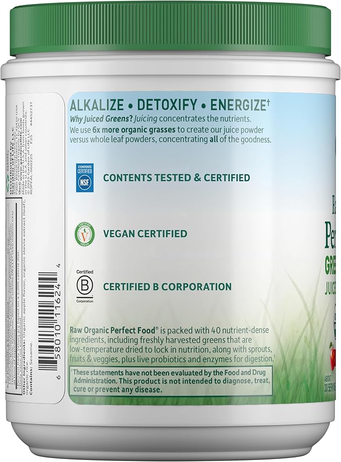 Garden of Life Raw Organic Perfect Food Green Superfood Juiced Greens Powder - Apple Flavor,30 Servings - Vegan Gluten Free Whole Food Dietary Supplement,Greens Plus Probiotics & Enzymes,(Pack of 2)