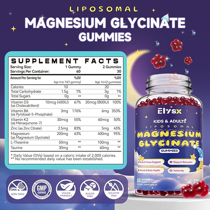 Liposomal Magnesium Glycinate 400mg Gummies for Kids & Adults, Chewable Magnesium Bisglycinate Supplement with Theanine, B6, Vitamins & Zinc, for Zzz & Relaxation, Muscle & Brain, Sugar Free, 60 Ct
