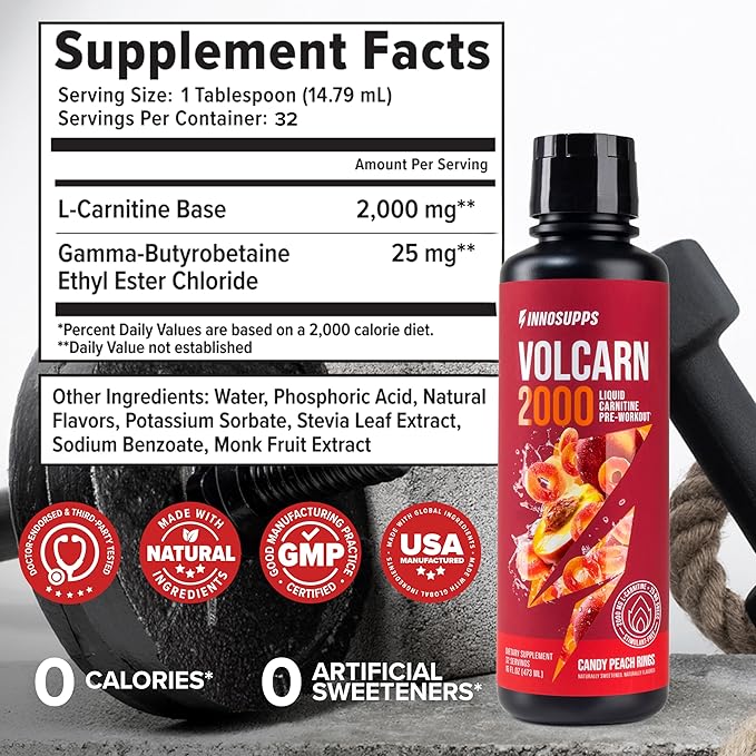InnoSupps Volcarn 2000 - L-CARNITINE Advanced Energy Liquid | ATP Enhancer with GBEEC | Boosts Energy, Enhances Focus, Caffeine Free, No Artificial Sweeteners | 32 Servings (Candy Peach Rings)