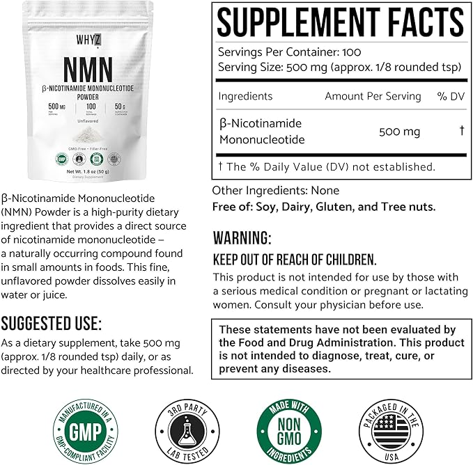 Pure NMN Powder Nicotinamide Mononucleotide Quick Dissolved NMN Supplement Powder 100% Unflavored NMN Supplement Supports NAD+ Levels Vegan Friendly Non-GMO, 50g