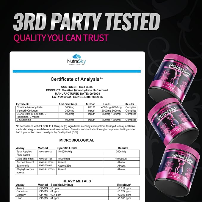 Bold Buns Creatine for Women – Booty Builder Supplement with Collagen & BCAA – Supports Muscle Development, Post-Workout Recovery, Skin Elasticity, Healthy Hair & Nail | Unflavored – 30 Servings