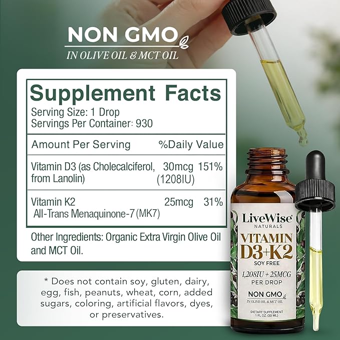 Vitamin D3 K2 Drops for Adults - 930 Drops, Ultra Concentrated Formulation, Fast Absorption 1208 IU Vitamin D3, 25 MCG (MK-7) - Micro-Dosing Dropper for Calcium & Bone Support