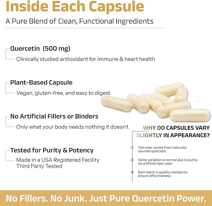 Pure Quercetin 500mg - Pure Quercetin Capsules for Immune Support & Cellular Protection – Gluten-Free, Non-GMO, 120 Capsules