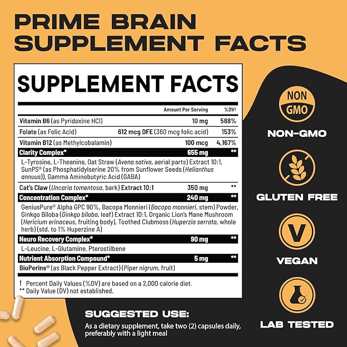 Nootrix Prime Brain Nootropic Supplement | Supports Memory, Mental Focus, Cognitive Health & Energy | Promotes Healthy Mood & Brain Function | Ginkgo Biloba, Lion's Mane & L Theanine | 60 Capsules