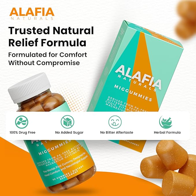 Alafia Naturals Miggummies - World's First Cranial Comfort and Support Gummy - Magnesium Glycinate, Butterbur, Feverfew, CoQ10, Vitamin B2 400mg Riboflavin 400mg 60ct