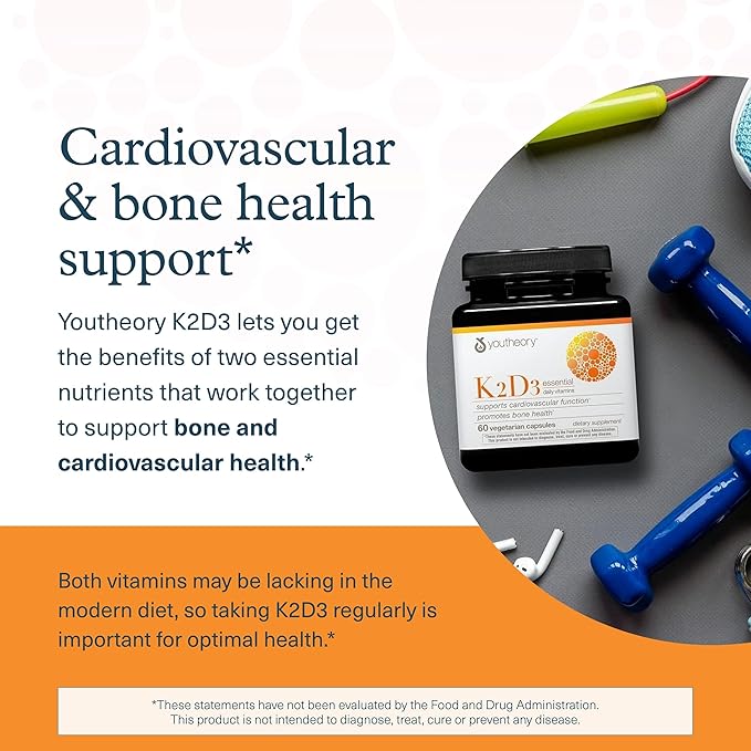 Youtheory K2D3 - Bone & Heart Health Support - Combines Vitamin D3 & Vitamin K2 - Dairy, Soy & Gluten Free - 60 Vegetarian Capsules