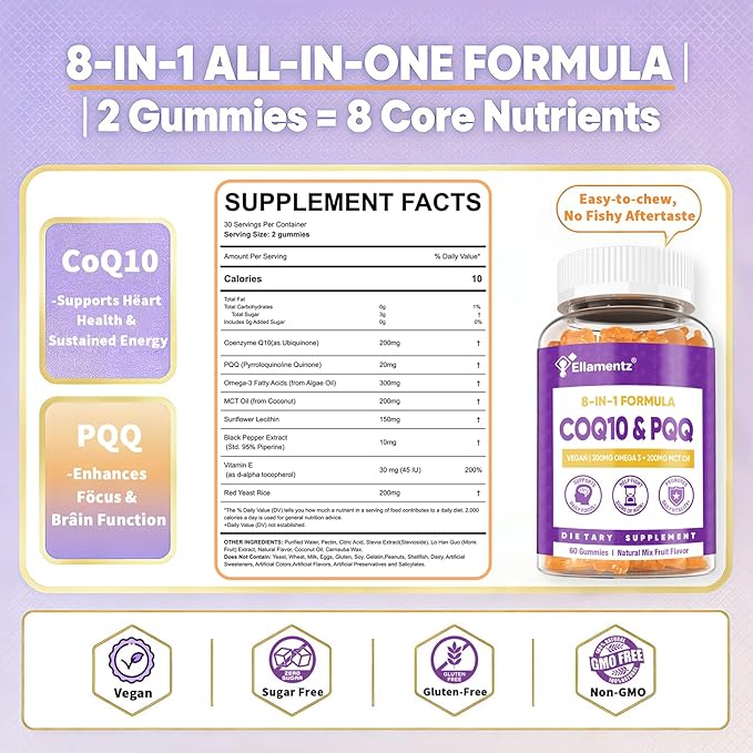 CoQ10 Gummies 200mg with PQQ, Red Yeast Rice & Omega 3 | High Absorption Coenzyme Q10 Supplements for Hear-t Health, Brain & Cellular Energy | Sugar-Free, Vegan, 120 Counts
