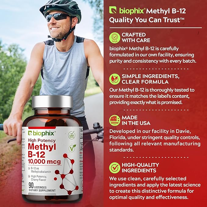 biophix Methyl B-12 10000 mcg 90 Vegan Lozenges Cherry Flavor Extra Strength - Supports Nervous System Immune Health Blood Flow Metabolism Brain Focus Energy