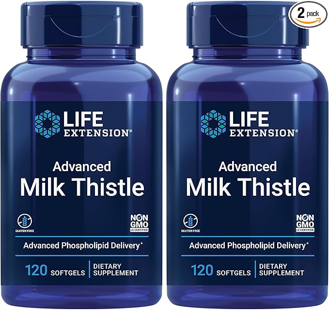 Life Extension Advanced Milk Thistle, Liver Health Supplement, Liver Detox, Cell Division, silymarin, silybin, bioavailable, Gluten Free, Non-GMO, 120 softgels, (Pack of 2)
