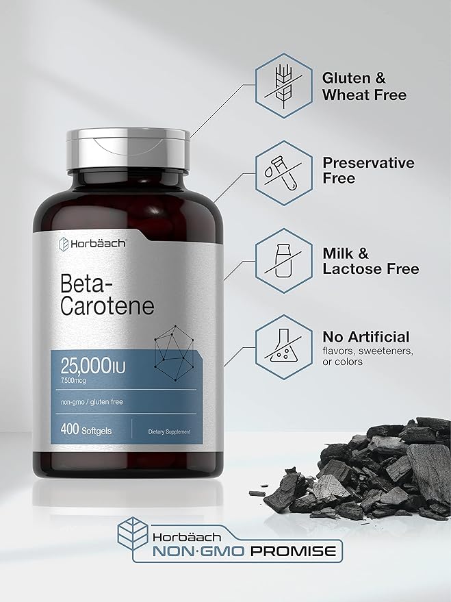 Horbäach Beta Carotene Supplement | 25000 IU Softgels | 7,500 mcg | Vitamin A | 400 Count | Non-GMO and Gluten Free Formula
