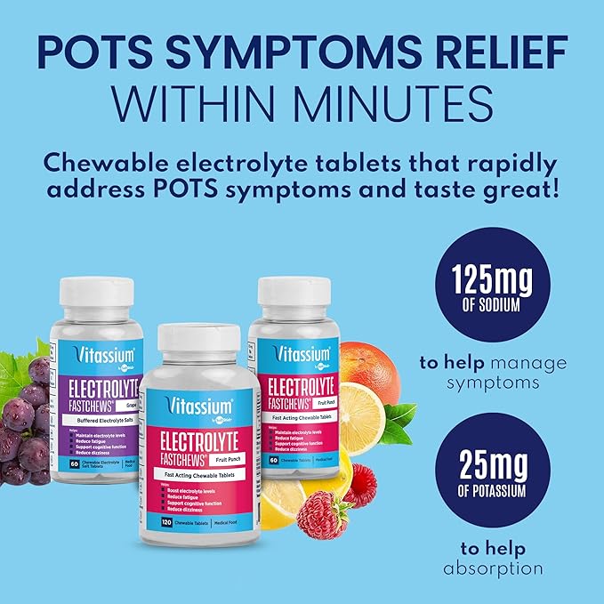Vitassium FastChews, Chewable Electrolyte Tablets for Management of POTS and High Sodium Diets, Fast-Acting Sodium Tablets, Fruit Punch, 60 Count