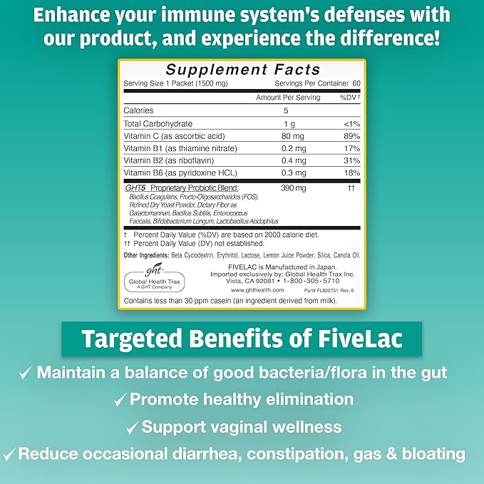 Global Health Trax GHT - FiveLac Lemon Probiotic Powder Drink Mix, Probiotics for Women, Men, Kids - Smooth Digestive Support & Elimination – Relieve Constipation & Gas - 60 Packets, 3.18 Oz, Non-GMO