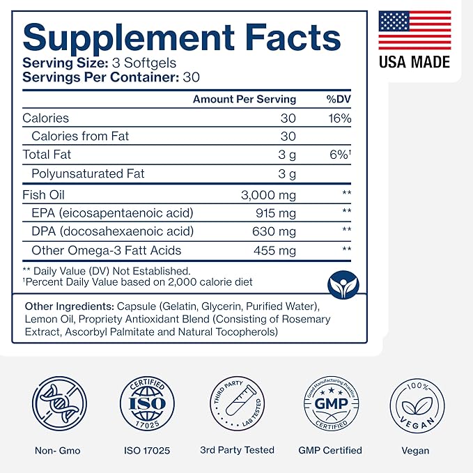 Pure Micronutrients - Omega 3 Fish Oil Supplement, EPA/DHA Fatty Acids, Burpless Fish Oil Supplements with Lemon - Heart, Eye, Brain & Immune Support - 90 Softgels