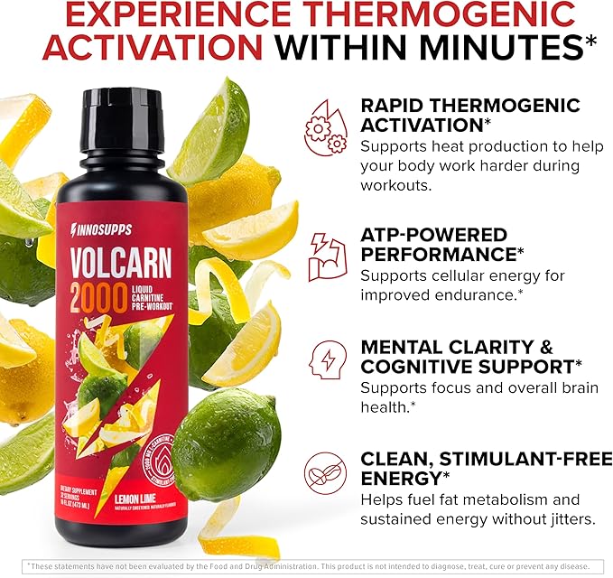 InnoSupps Volcarn 2000 - L-CARNITINE Advanced Energy Liquid | ATP Enhancer with GBEEC | Boosts Energy, Enhances Focus, Caffeine Free, No Artificial Sweeteners | 32 Servings (Lemon Lime)