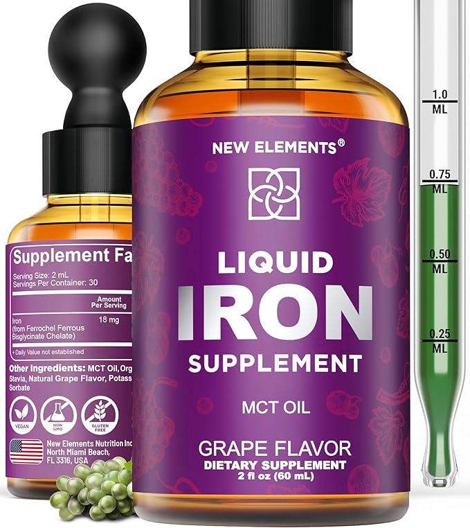 Iron Supplement for Women & Men Free Blood Builder, Iron Vitamin for Anemia | Liquid Iron Drops for Adults with MCT Oil, Natural Grape Flavor, Faster Absorption & Immune Support (2 Fl Oz)