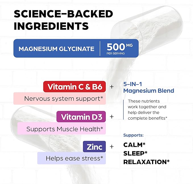 Magnesium Glycinate 500mg High Absorption Capsules with Vitamin C D3 B6 Zinc | Quality Sleep, Relaxation & Muscle Health Supplement for Women and Men | Chelated Magnesium 120 Count | Easy to Swallow