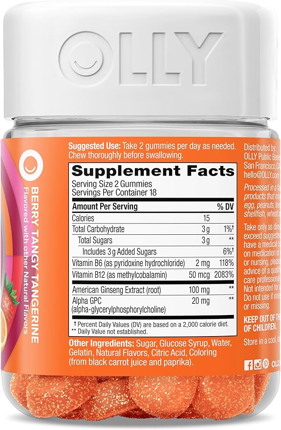 OLLY Laser Focus Gummy, Ginseng, Alpha GPC, B Vitamins, Berry Tangerine Flavor - 36 Count (Pack of 2)