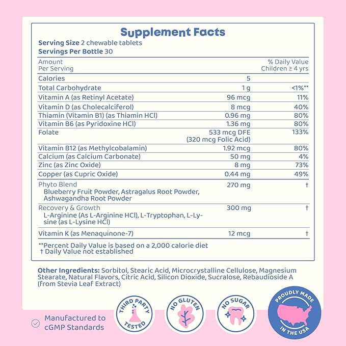 JoySpring Growth Vitamins for Teens & Height Support for Kids - Encourages Stronger Bones & Healthy Natural Growth - Sugar Free - L-Arginine, L-Lysine, Zinc, Vitamin D & K2-30 Servings