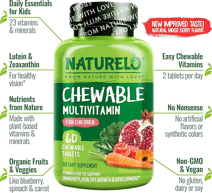 NATURELO Chewable Vitamin for Kids Multivitamin with Whole Food Organic Fruit Blend - 60 Tablets for Children (Pack of 2)