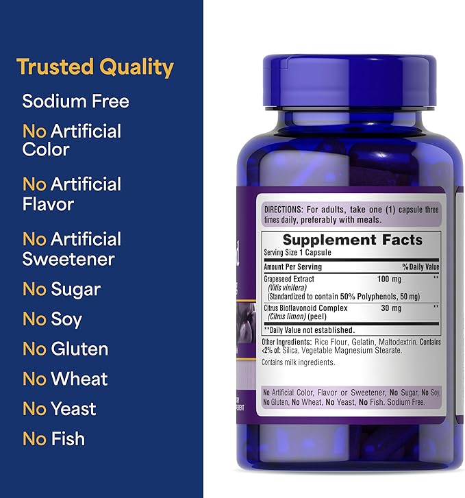 Puritan's Pride Grapeseed Extract 100mg with Citrus Bioflavonoid Complex, Dietary Supplement for Antioxidant and Heart Health Support, 200 Rapid Release Capsules