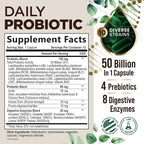 Probiotics 50 Billion CFU per Serving - 10 Strains + Prebiotics - Digestive Health, Gut & Immune Support - Occasional Constipation, Gas & Bloating Support for Women & Men, Bottled USA - 60 Capsules