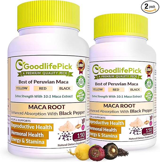 Peruvian Maca Root Capsules with Black Pepper 150 ct. Premium Yellow Red & Black Red Powerful 10:1 All Type Maca Extract All Natural Non-GMO Vegan NO Rice Powder NO Stearate NO Silicon (Pack of 2)