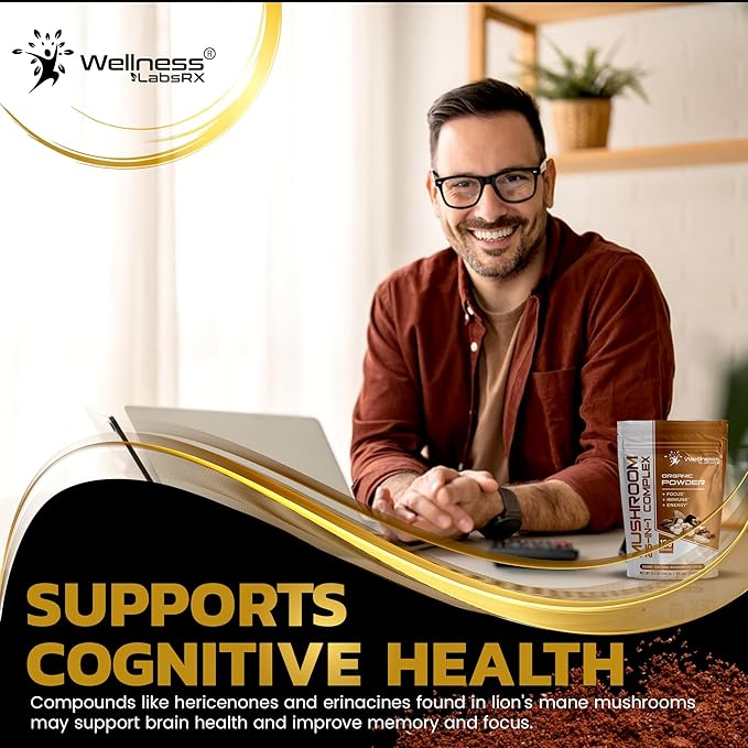 WELLNESS LABSRX Mushroom Powder, 25 in 1 Mushrooms Supplement - 2000mg, 25 Superfood Mishroom Lions Mane Powder with Chaga, Shiitake, Cordyceps, Reishi - Lion's Mane Mushroom - 120 Servings