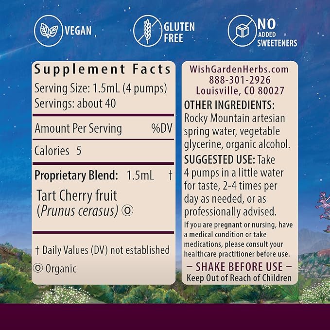 WishGarden Herbs Organic Tart Cherry Extract - Organic Tart Cherry Juice Tincture for Sleep Support Contains Natural Melatonin, Joint Comfort & Muscle Recovery, Superfood Rich in Nutrients, 2oz