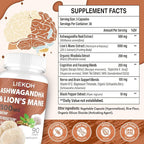 Ashwagandha & Lions Mane Supplement Capsules, Brain Supplements for Memory and Focus, Ashwagandha Supplement with Rhodiola & Black Peppe, Cortisol Supplements for Women & Men,90 Caps