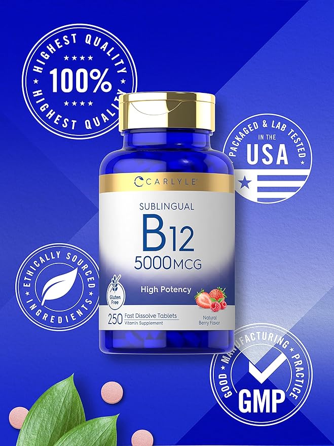 Carlyle B12 Vitamin 5000 mcg Sublingual | 250 Fast Dissolve Tablets | High Potency | Natural Berry Flavor | Vegetarian, Non-GMO & Gluten Free