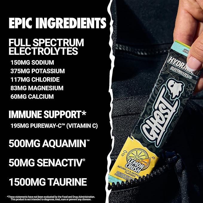 GHOST Hydration Sticks, Electrolyte Powder Packets, Lemon Crush - 24 Sugar Free Instant Electrolyte Drink Mix - Caffeine-Free Daily Hydration & Immune Support with Clean Formula