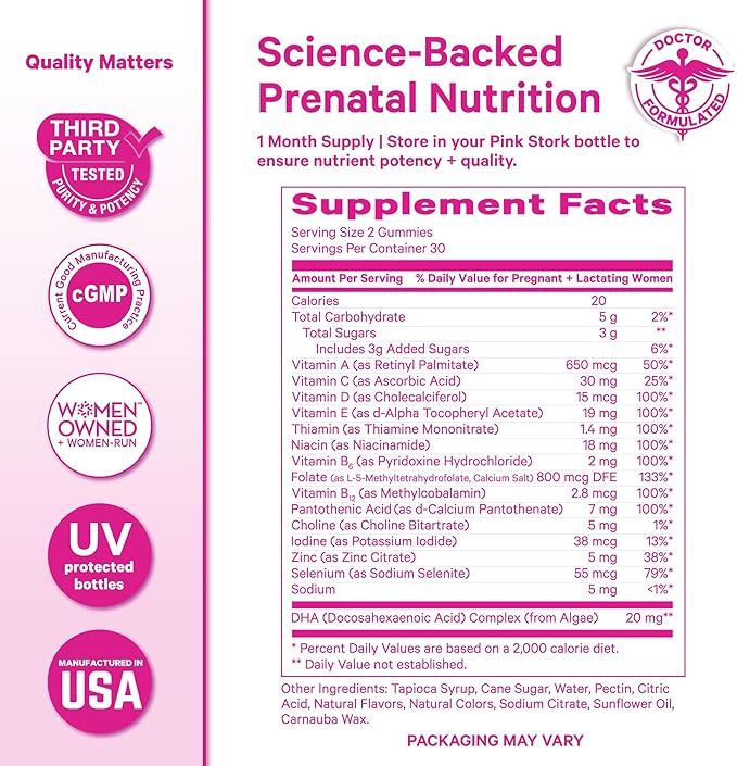 Pink Stork Premium Prenatal Gummy Vitamins with DHA, Folate, and Vitamin D - Multivitamin for Neural Tube and Fetal Brain Development - 60 Vegan Gummies for Morning Sickness Support