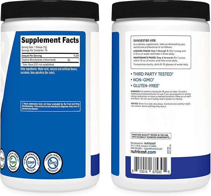 Nutricost Creatine Monohydrate Powder (Blue Raspberry), 500 Grams (1.1 LBS) (Pack of 2)