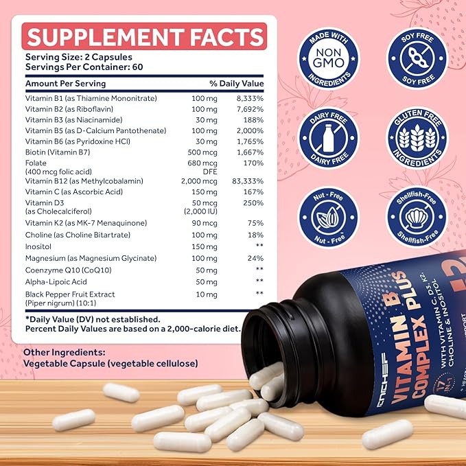 17-in-1 Vitamin B Complex Plus – Vitamin B1, B2, B3, B4, B5, B6, B7 (Biotin), B8 (Inositol), B9, B12, C, D3, K2, Energy, Immune, Skin, Nerve Support for Men & Women - 120 Capsules