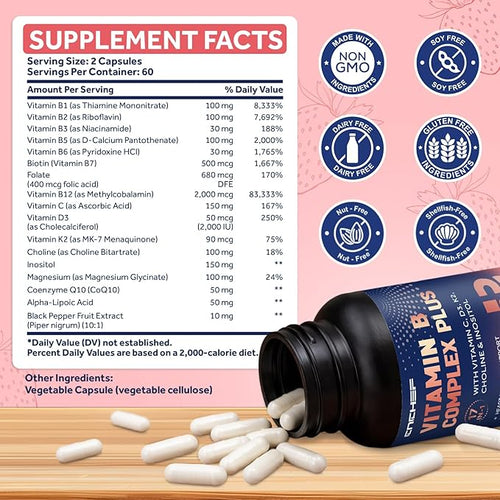 17-in-1 Vitamin B Complex Plus – Vitamin B1, B2, B3, B4, B5, B6, B7 (Biotin), B8 (Inositol), B9, B12, C, D3, K2, Energy, Immune, Skin, Nerve Support for Men & Women - 120 Capsules