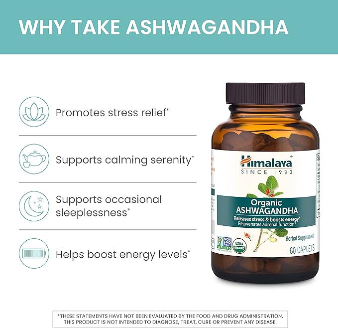 Himalaya Organic Ashwagandha Root, 90 Day Supply - Herbal Adrenal Support Supplements for Stress Relief and Energy Support - USDA Organic, Non-GMO, Vegan, Gluten Free, No Additives, 670 mg, 90 Caplets