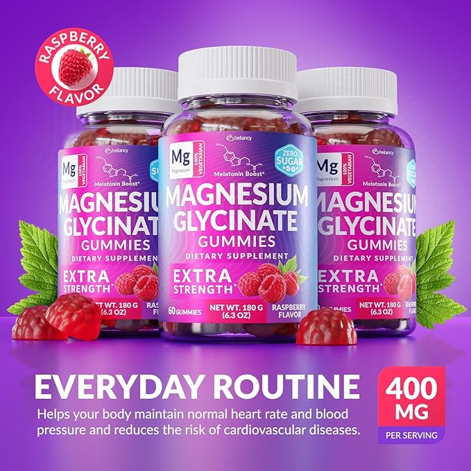 Magnesium Glycinate Gummies 400mg, Muscle Support and Relaxation, Magnesium Supplement for Women, Men and Kids, High Absorption, Sugar Free, Vegan, 60 Days Supply, Raspberry Flavor