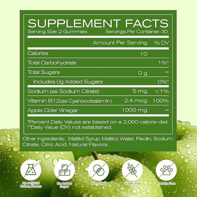 NEWELLME Sugar-Free Apple Cider Vinegar Gummies for Metabolism - 1000mg ACV with The Mother & Vitamin B12 for Energy Support - Vegan, Gluten-Free,180 Counts