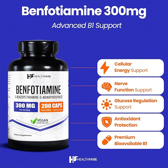 Healthfare Benfotiamine 300mg | 200 Veg Capsules | Enhanced Absorption | Supports Overall Health | Increased Bioavailability
