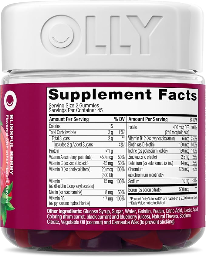 OLLY Women's Multivitamin Gummy, Vitamins A, D, C, E, Biotin, Folic Acid, Adult Chewable Vitamin, Berry Flavor, 45 Day Supply - 90 Count (Pack of 12)