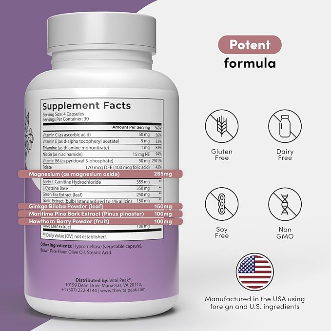 Vital Peak® Hearing Peak - Tinnitus Supplements - Ear Health Supplements for Ringing Ears with Magnesium, Ginkgo Biloba, Green Tea Extract, Niacin, Acetyl L-Carnitine Vegan Gluten Free - 120 Capsules