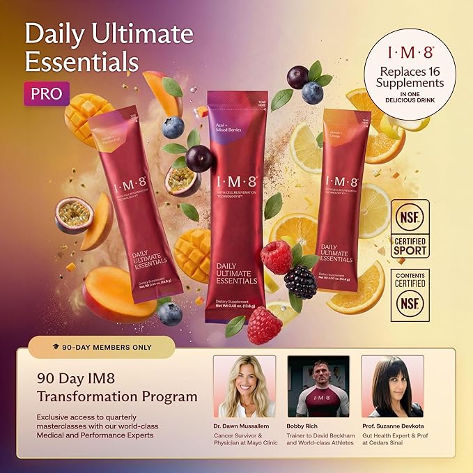 IM8 Daily Ultimate Essentials All-in-One Multivitamin Supplement, 92 Nutrient Rich Ingredients CoQ10, Probiotics, Vitamins, Greens, Gluten Free, Vegan, Variety Pack (90 Powder Packets)