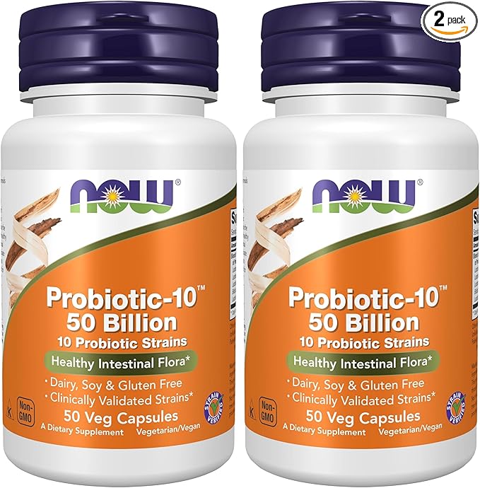 NOW Foods Supplements,Probiotic-10™,50 Billion,with 10 Probiotic Strains,Strain Verified,50 Veg Capsules,(Pack of 2)