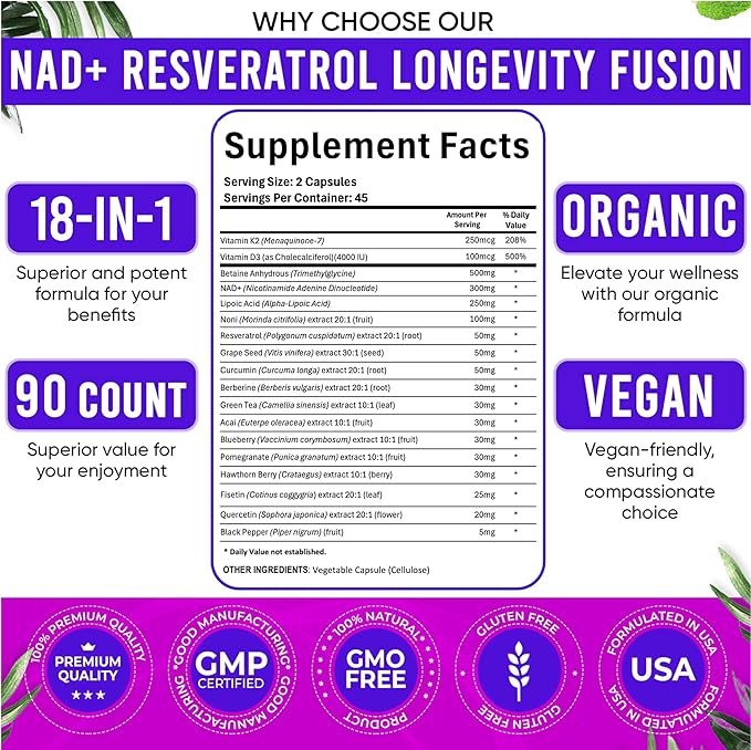 Adndale Liposomal NAD Supplement. Longevity Formula NMN Supplement Alternative. 180CT Advanced NAD+ Resveratrol